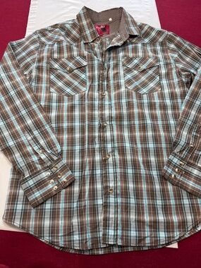 Rodeo Clothing Co brown blue plaid Pearl Snap shirt Western long Sleeve mens XL